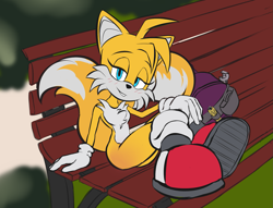 Size: 1595x1217 | Tagged: safe, artist:deygdrixe, miles "tails" prower, 2022, abstract background, bench, blushing, looking at viewer, outdoors, sitting, smile, solo