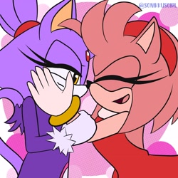 Size: 3276x3276 | Tagged: safe, artist:sonikku's girl, amy rose, blaze the cat, cat, hedgehog, amy x blaze, amy's halterneck dress, blaze's tailcoat, cute, female, females only, hand on cheek, lesbian, noses are touching, pride, shipping
