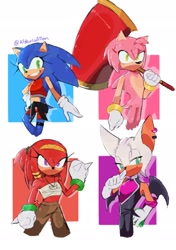 Size: 1748x2480 | Tagged: safe, artist:historiaallen, amy rose, knuckles the echidna, rouge the bat, sonic the hedgehog, bandeau, gender swap, heart chest, pants