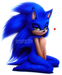 Size: 1406x1690 | Tagged: safe, artist:shadisfaction, sonic the hedgehog, barefoot, bedroom eyes, fluffy, heart, sitting