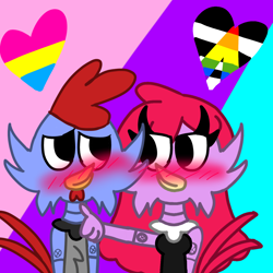 Size: 1280x1280 | Tagged: safe, artist:bluedeerfox14, scratch, adventures of sonic the hedgehog, canon x oc, chicken, hearts, pansexual, robot, straight, straight ally