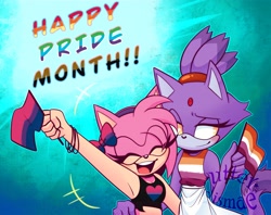 Size: 3566x2820 | Tagged: safe, artist:utter_dismae, amy rose, blaze the cat, cat, hedgehog, 2023, amy x blaze, bisexual pride, female, females only, lesbian, lesbian pride, pride, shipping