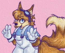 Size: 2048x1660 | Tagged: safe, artist:sonicattos, miles "tails" prower, claws, double v sign, eyelashes, female, goggles, goggles on head, looking at viewer, mouth open, one fang, overalls, pink background, simple background, smile, solo, standing, trans female, transgender
