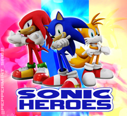 Size: 2048x1882 | Tagged: safe, artist:peppermintsrb2, knuckles the echidna, miles "tails" prower, sonic the hedgehog, sonic heroes, 3d, abstract background, english text, looking at viewer, male, males only, remake, standing, team sonic, trio, wallpaper