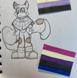 Size: 2048x2081 | Tagged: safe, artist:soulsofthewicked, miles "tails" prower, the murder of sonic the hedgehog, genderfluid, hands on hips, looking at viewer, pencilwork, poncho, smile, solo, standing, traditional media