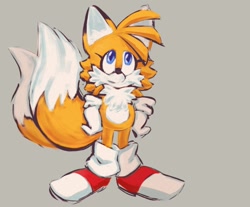 Size: 1354x1119 | Tagged: safe, artist:prowerprojects, miles "tails" prower, fox, colored ears, eyelashes, grey background, hands on hips, looking up, nonbinary, simple background, solo, standing