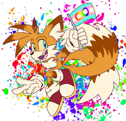 Size: 1208x1158 | Tagged: safe, artist:lyricstomb, miles "tails" prower, fox, autism symbol, autistic pride, flag, holding something, looking offscreen, male, mid-air, mouth open, one fang, paint splatter, pride, pride flag, semi-transparent background, smile, trans male, trans pride, transgender, v sign, yellow sclera