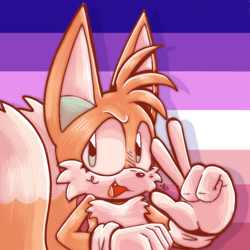 Size: 1064x1064 | Tagged: safe, artist:guiltypandas, miles "tails" prower, fox, abstract background, eyelashes, icon, lesbian pride, mouth open, neopronouns pride, nonbinary, pride, pride flag background, redraw, shadow (lighting), signature, solo, v sign