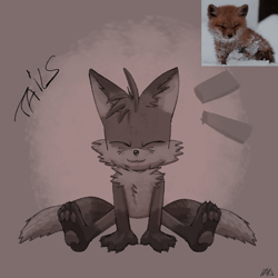 Size: 1280x1280 | Tagged: safe, artist:kaylas-world-0, miles "tails" prower, fox, abstract background, barefoot, character name, claws, cute, english text, eyes closed, gloves off, hands on ground, male, pawpads, reference inset, shoes off, sitting, smile, solo, spread legs, tailabetes