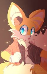 Size: 1305x2048 | Tagged: safe, artist:jaepokii, miles "tails" prower, fox, the murder of sonic the hedgehog, chest fluff, clenched fist, cute, eyelashes, femboy, gradient background, jacket, male, mouth open, one fang, solo, tailabetes