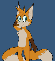 Size: 1269x1400 | Tagged: safe, artist:marshmallow-biscuit-blog, miles "tails" prower, fox, blue background, brown gloves, ear fluff, eyelashes, fangs, gloves, looking offscreen, male, redesign, simple background, smile, solo, standing