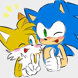 Size: 1000x1000 | Tagged: safe, artist:hanauyk5art, miles "tails" prower, sonic the hedgehog, blushing, bust, duo, grey background, looking at viewer, male, males only, simple background, smile, v sign, wink