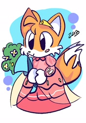 Size: 1430x2048 | Tagged: safe, artist:choccy-milkshake, miles "tails" prower, abstract background, blushing, crossdressing, cute, dress, flower bouquet, holding something, looking offscreen, male, signature, smile, solo, standing, tailabetes, tiara
