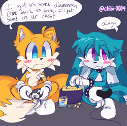 Size: 2048x2023 | Tagged: safe, artist:chibi-0004, kit the fennec, miles "tails" prower, ask response, blushing, controller, dialogue, duo, english text, eyebrows clipping through hair, eyes clipping through hair, fizzy soda can, gaming, gay, holding something, kitails, looking offscreen, male, males only, minecraft, mouth open, popcorn, purple background, shipping, simple background, sitting, speech bubble