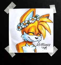 Size: 1793x1921 | Tagged: safe, artist:wahahaanon, miles "tails" prower, fox, 2023, black background, cute, eyes closed, flower crown, male, signature, simple background, smile, solo, tailabetes, traditional media