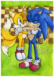 Size: 2048x2891 | Tagged: safe, artist:pajulammas, miles "tails" prower, sonic the hedgehog, fox, hedgehog, green hill zone, abstract background, duo, eyes closed, holding each other, holding them, hugging, male, males only, nuzzle, one eye closed, smile, standing, traditional media, watercolor