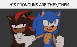 Size: 1194x726 | Tagged: safe, artist:halcyon-pandion, shadow the hedgehog, sonic the hedgehog, dialogue, duo, english text, frown, grey background, lidded eyes, looking offscreen, male, meme, mouth open, nonbinary, one fang, pronouns, simple background, standing, top surgery scars, trans male, transgender