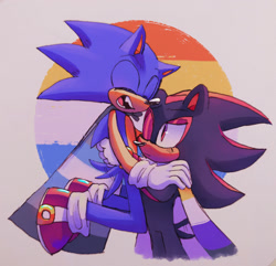 Size: 2048x1971 | Tagged: safe, artist:sonicposting, shadow the hedgehog, sonic the hedgehog, hedgehog, abstract background, ace, aro ace pride, aromantic, cape, demiboy, demiboy pride, duo, frown, lifting them, looking at them, mouth open, nonbinary, nonbinary pride, one eye closed, shadow x sonic, shipping, smile