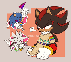 Size: 2013x1760 | Tagged: safe, artist:mixaonyii, shadow the hedgehog, silver the hedgehog, sonic the hedgehog, hedgehog, abstract background, asexual pride, bisexual pride, cute, facepaint, flag, frown, gay pride, mlm pride, nonbinary pride, one fang, pansexual pride, pride, question mark, shirt, silvabetes, smile, sonabetes, trio