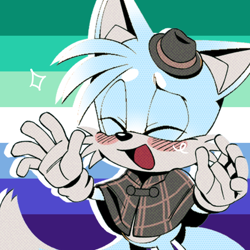 Size: 768x768 | Tagged: safe, artist:homophobic-sonic, miles "tails" prower, the murder of sonic the hedgehog, arctic fox, blushing, edit, icon, male, mlm pride, pride flag background, smile, solo, species swap, star (symbol)