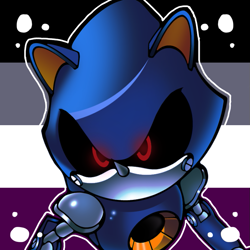 Size: 767x767 | Tagged: safe, artist:homophobic-sonic, metal sonic, ace, asexual pride, black sclera, edit, genderless, glowing eyes, icon, looking offscreen, outline, pride flag background, robot, solo