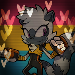 Size: 1536x1536 | Tagged: dead source, safe, artist:nonbinarytails, tangle the lemur, abstract background, edit, female, heart, icon, looking offscreen, pansexual, pansexual pride, pride flag background, smile, solo