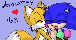 Size: 1163x610 | Tagged: safe, artist:arcticcryptid, miles "tails" prower, sonic the hedgehog, 2011, cute, duo, eyes closed, gay, heart, holding something, ice cream, licking, purple background, shipping, signature, simple background, smile, sonabetes, sonic x tails, standing, tailabetes, tongue out