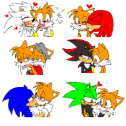 Size: 2048x2048 | Tagged: artist needed, source needed, safe, knuckles the echidna, miles "tails" prower, miles (anti-mobius), scourge the hedgehog, shadow the hedgehog, bad quality, blushing, gay, group, hugging from behind, kiss, knuxails, male, males only, miles x tails, scourails, shadails, shipping, silvails, simple background, sonic x tails, white background