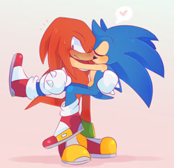 Size: 1280x1237 | Tagged: safe, artist:scuttletown, knuckles the echidna, sonic the hedgehog, blushing, carrying them, duo, embarrassed, eyes closed, frown, gay, heart, holding each other, kiss on cheek, knuxonic, looking away, shipping, simple background, sweatdrop