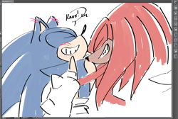 Size: 1280x859 | Tagged: safe, artist:gayknuckles, knuckles the echidna, sonic the hedgehog, blushing, blushing ears, clenched teeth, dialogue, duo, english text, eyes closed, gay, hugging, knuxonic, shipping, simple background, sketch, smile, standing, white background