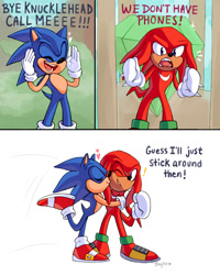 Size: 1200x1501 | Tagged: safe, artist:bdugo7, knuckles the echidna, sonic the hedgehog, abstract background, blushing, dialogue, duo, english text, exclamation mark, eyes closed, gay, heart, kiss on cheek, knuxonic, master emerald, shipping, smile, standing