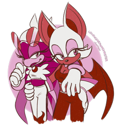Size: 1268x1374 | Tagged: safe, artist:legendarywindmaster, rouge the bat, wave the swallow, arm around shoulders, duo, female, females only, hand on another's hip, lesbian, lidded eyes, looking offscreen, mouth open, semi-transparent background, shipping, smile, sonic riders, standing, tongue out, wavouge