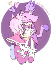 Size: 1280x1577 | Tagged: safe, artist:legendarywindmaster, amy rose, blaze the cat, amy x blaze, duo, eyes closed, female, females only, heart, holding hands, lesbian, mouth open, semi-transparent background, shipping, smile, standing, standing on one leg