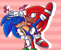 Size: 1280x1067 | Tagged: safe, artist:sp-rings, knuckles the echidna, sonic the hedgehog, abstract background, blushing, carrying them, clenched teeth, dramatic, duo, eyes closed, frown, gay, heart, knuxonic, shipping, smile, striped background, sweatdrop