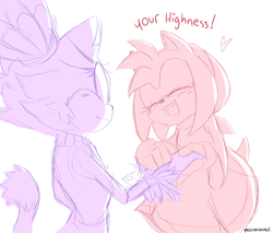 Size: 1280x1088 | Tagged: safe, artist:rabbitaches, amy rose, blaze the cat, amy x blaze, amybetes, blushing, cute, dialogue, duo, english text, heart, lesbian, looking at each other, shaking hands, shipping, simple background, sketch, smile, standing, white background