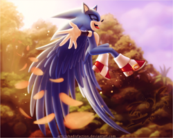 Size: 1576x1262 | Tagged: safe, artist:shadisfaction, sonic the hedgehog, autumn, flying, leaf, smiling, tree, wings