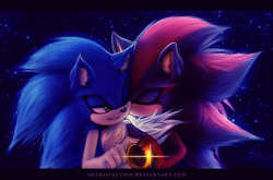 Size: 1430x945 | Tagged: safe, artist:shadisfaction, shadow the hedgehog, sonic the hedgehog, kiss on cheek, ring, shadow x sonic, shipping, space
