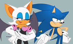 Size: 1680x1016 | Tagged: safe, artist:artsriszi, rouge the bat, sonic the hedgehog, featured image, grey background, high five, looking offscreen, rouge's heart top, signature, simple background, wink