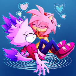 Size: 1000x1000 | Tagged: safe, artist:damnletyuchka, amy rose, blaze the cat, cat, hedgehog, amy x blaze, cute, female, females only, hearts, lesbian, shipping