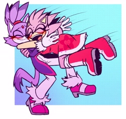 Size: 3428x3235 | Tagged: safe, artist:utter_dismae, amy rose, blaze the cat, cat, hedgehog, 2023, abstract background, amy x blaze, amy's halterneck dress, blaze's tailcoat, blushing, border, cute, duo, eyes closed, female, females only, hugging, lesbian, mid-air, shipping, smile