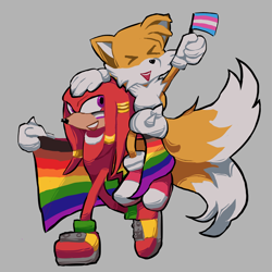 Size: 2046x2048 | Tagged: safe, artist:kklcs-s, knuckles the echidna, miles "tails" prower, ace, asexual pride, duo, facepaint, flag, gay pride, holding something, male, mouth open, pride, pride flag, riding on shoulder, smile, trans pride, transgender