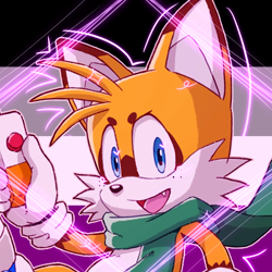 Size: 768x768 | Tagged: safe, artist:homophobic-sonic, miles "tails" prower, fox, ace, asexual pride, edit, freckles, holding something, icon, looking at viewer, male, one fang, pride flag, pride flag background, scarf, smile, solo
