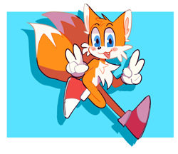 Size: 1930x1670 | Tagged: safe, artist:ultimatedirk, miles "tails" prower, fox, abstract background, blushing, border, chest fluff, double v sign, ear fluff, looking at viewer, male, mouth open, one fang, smile, solo
