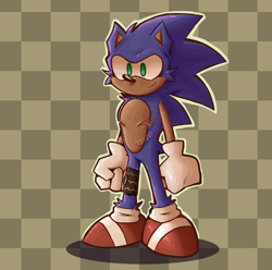 Size: 1179x1171 | Tagged: safe, artist:ricecaqes, sonic the hedgehog, abstract background, cast, checkered background, injured, looking offscreen, male, outline, shadow (lighting), smile, solo, standing, stitches, top surgery scars, trans male, transgender
