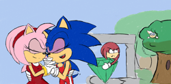 Size: 640x314 | Tagged: safe, artist:lariumbreon, amy rose, knuckles the echidna, rouge the bat, sonic the hedgehog, abstract background, amy x sonic, crop top, duo focus, eyes closed, eyeshadow, female, frown, group, half r63 shipping, hiding, holding hands, lesbian, male, master emerald, outdoors, shipping, shorts, smile, standing, trans female, transgender, tree, wagging tail