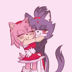 Size: 928x928 | Tagged: safe, artist:jorgut509, amy rose, blaze the cat, cat, hedgehog, 2023, amy x blaze, amy's halterneck dress, blaze's tailcoat, cute, facepaint, female, females only, hugging, lesbian, lesbian pride, pride, shipping, simple background, wagging tail