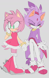 Size: 1200x1900 | Tagged: safe, artist:aithly_, amy rose, blaze the cat, cat, hedgehog, 2022, amy x blaze, amy's halterneck dress, blaze's tailcoat, blushing, cute, female, females only, holding hands, lesbian, shipping
