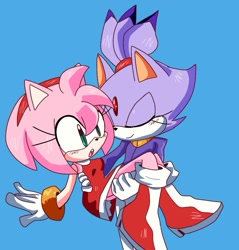 Size: 863x903 | Tagged: safe, artist:white_vooid, amy rose, blaze the cat, cat, hedgehog, 2022, amy x blaze, amy's halterneck dress, blaze's tailcoat, carrying them, cute, female, females only, lesbian, shipping