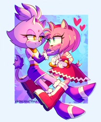 Size: 1698x2048 | Tagged: safe, artist:onlyastraa, amy rose, blaze the cat, cat, hedgehog, amy x blaze, cute, female, females only, hand on chin, hearts, lesbian, shipping