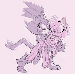 Size: 1236x1227 | Tagged: safe, artist:sspicyramencup, amy rose, blaze the cat, cat, hedgehog, 2022, amy x blaze, amy's halterneck dress, angry, blaze's tailcoat, blushing, carrying them, female, females only, lesbian, shipping